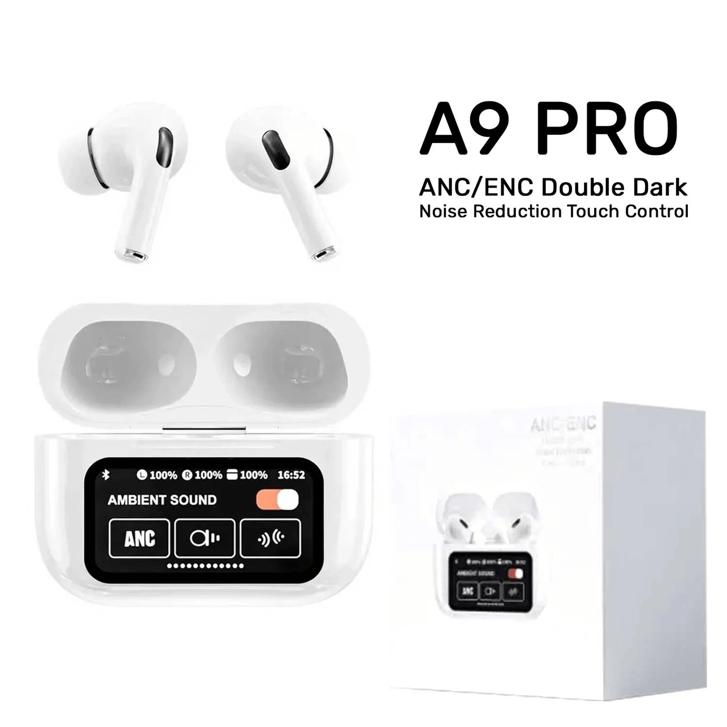 A9 Pro Wireless Airpods With ANC/ENC, Noise Cancellation & Touch Control/Display